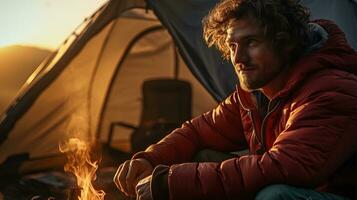 ai généré Jeune aventureux homme camping avec une tente dans une montagneux zone. génératif ai photo