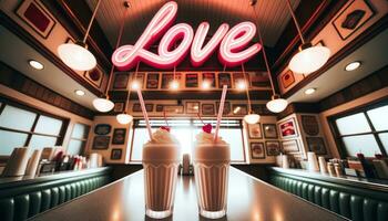 ai généré photo de un vieux restaurant installer avec deux glacé milkshakes sur le table avec le mot l'amour écrit sur il. génératif ai