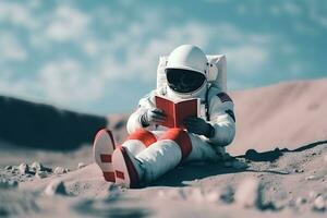 ai généré mignonne astronaute ou astronaute séance sur sommet de la montagne et en train de lire livre. photo