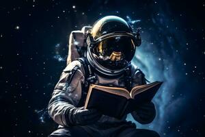ai généré mignonne astronaute ou astronaute séance sur sommet de la montagne et en train de lire livre. photo