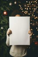 ai généré délicat mains de une élégant femme délicatement en portant une petit, blanc, blanc feuille contre le enchanteur toile de fond de une Noël arbre photo