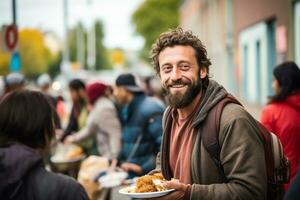 ai généré souriant sans abri homme en mangeant gratuit nourriture dans une rue cantine photo