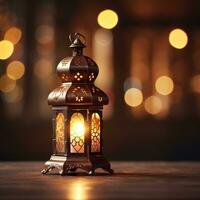 ai généré magnifique brûlant arabe lanterne sur en bois derrière mosquée arrière-plan, Ramadan photo
