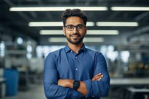 ai généré une Jeune Indien Masculin designer, ingénieur, architecte qui est portant des lunettes et une bleu chemise souriant permanent dans le Bureau et à la recherche à le caméra photo