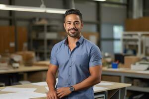 ai généré une Jeune Indien Masculin designer, ingénieur, architecte qui est portant des lunettes et une bleu chemise souriant permanent dans le Bureau et à la recherche à le caméra photo