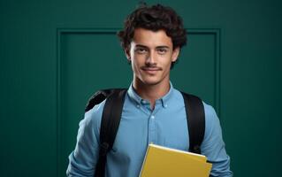 ai généré étudiant souriant avec école sac et carnet photo