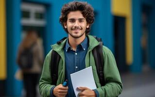 ai généré étudiant souriant avec école sac et carnet photo