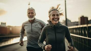 ai généré plus âgée caucasien couple va pour une courir photo