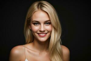 ai généré portrait magnifique blond modèle femme avec blanc les dents sourire, en bonne santé longue cheveux et beauté peau sur noir Contexte. concept de La publicité dentiste et faciale se soucier. génératif ai photo