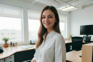 ai généré souriant jolie Jeune femme permanent dans brillant moderne bureau. génératif ai photo