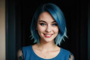 ai généré portrait magnifique bleu cheveux et yeux Jeune modèle femme avec blanc les dents sourire, en bonne santé longue cheveux et beauté peau. concept de La publicité dentiste et faciale se soucier. génératif ai photo