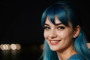 ai généré portrait magnifique bleu cheveux et yeux modèle femme avec blanc les dents sourire, en bonne santé longue cheveux et beauté peau sur foncé Contexte. concept de La publicité dentiste et faciale se soucier. génératif photo