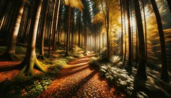 ai généré délicat détails de l'automne feuilles épars sur forêt route. génératif ai photo