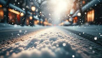 ai généré une silencieux rue couvert avec neige, avec doux flocons de neige doucement descendant. génératif ai photo