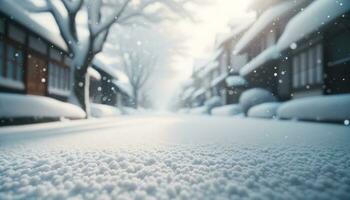 ai généré une silencieux rue couvert avec neige, avec doux flocons de neige doucement descendant. génératif ai photo