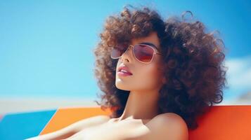ai généré une femme avec frisé cheveux et des lunettes de soleil relaxant sur une plage chaise. génératif ai photo