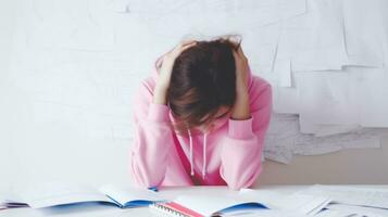 stressé étudiant en train d'étudier à bureau. génératif ai photo