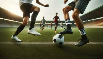 ai généré fermer bats toi de Football joueurs sur le champ. génératif ai photo