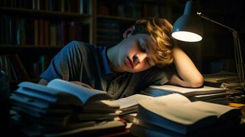 ai généré une Jeune homme en train de dormir fatigué dans une pile de livres. génératif ai photo