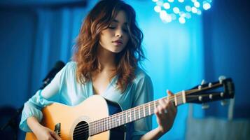 ai généré acoustique guitare performance par femelle artiste. génératif ai photo