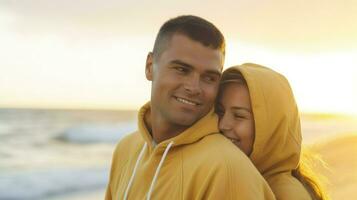 ai généré une couple étreindre sur une plage à coucher de soleil, exprimer leur l'amour et profiter le magnifique paysage. génératif ai photo