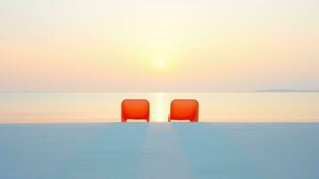 ai généré deux Orange chaises sur une plage à coucher de soleil, avec vagues doucement s'écraser dans le Contexte. génératif ai photo