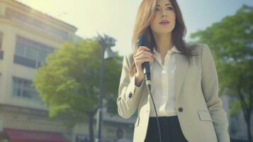 ai généré une professionnel femme dans une costume en toute confiance détient une microphone, prêt à parler à un un événement ou présentation. génératif ai photo