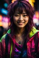 ai généré Jeune femme avec coloré cheveux dans néon lumières photo