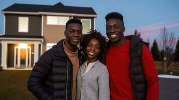 ai généré Trois souriant africain adolescents pose dans de face de une maison. génératif ai photo