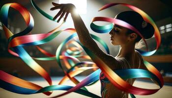 ai généré le femelle Danseur crée une magnifique image avec coloré rubans dans sa mains. génératif ai photo