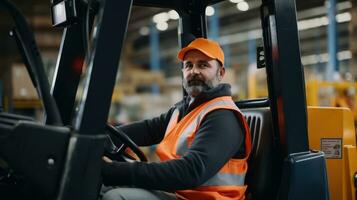 ai généré une homme dans un Orange veste et gilet disques une chariot élévateur transportant Provisions dans une entrepôt. génératif ai photo