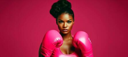 ai généré afro fille avec boxe gants plus de rose Contexte. Sein cancer conscience mois concept avec espace pour texte. photo