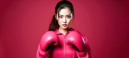 ai généré asiatique fille avec boxe gants plus de rose Contexte. Sein cancer conscience mois concept avec espace pour texte. photo