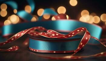 ai généré une bleu et rouge ruban avec une arc sur une en bois table photo