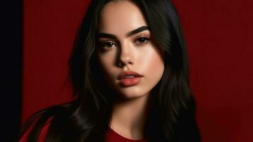 studio portrait de une Jeune adolescent fille avec rouge rouge à lèvres sur une rouge arrière-plan, mode concept, maquillage et parfait peau, visage de bébé, image généré par ai photo