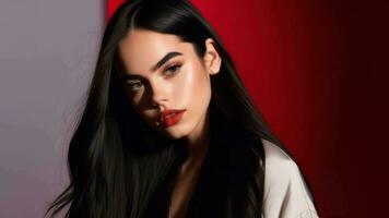 studio portrait de une Jeune adolescent fille avec rouge rouge à lèvres sur une rouge arrière-plan, mode concept, maquillage et parfait peau, visage de bébé, image généré par ai photo