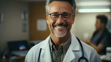 ai généré souriant Masculin médecin dans blanc manteau. génératif ai photo