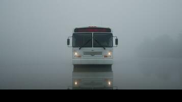 ai généré autobus conduite par brouillard sur une brumeux journée. génératif ai photo