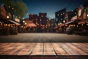 ai généré en bois table vide espace contre illuminé sur une tomber nuit dans ancien ville. génératif ai photo