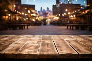 ai généré en bois table vide espace contre illuminé sur une tomber nuit dans ancien ville. génératif ai photo