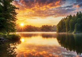 ai généré magnifique le coucher du soleil sur Lac photo