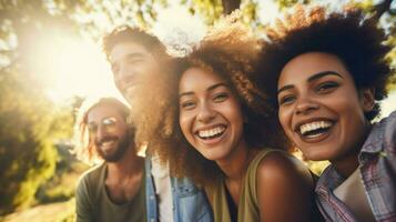 ai généré copains profiter le Soleil avec gros sourit sur leur visages. génératif ai photo