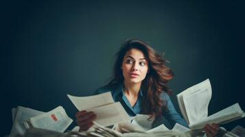 ai généré une femme absorbé dans sa travail sur une pile de papiers. génératif ai photo