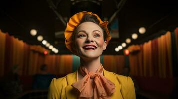 ai généré une femme dans une Jaune robe et Orange arc attacher souriant. génératif ai photo