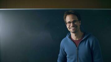 ai généré une homme portant des lunettes des stands dans de face de une tableau noir, peut-être enseignement ou donnant une présentation. génératif ai photo