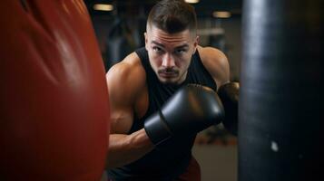 ai généré une homme portant boxe gants dans une salle de sport, prêt à lutte. génératif ai photo