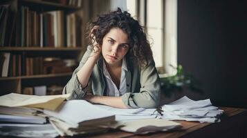 ai généré une femme séance à une bureau avec une pile de papiers, concentré sur sa travail. génératif ai photo