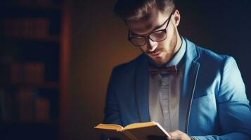 ai généré une homme dans une bleu costume et arc attacher en train de lire une livre. génératif ai photo