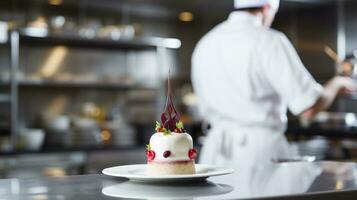 ai généré une chef des stands dans le Contexte de une restaurant, en train de préparer délicieux vaisselle avec compétence. génératif ai photo