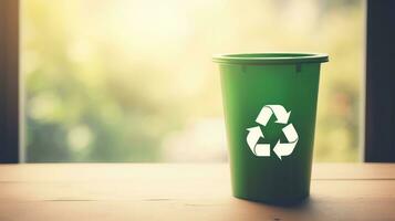 ai généré recyclage poubelle sur en bois table avec lumière du soleil. génératif ai photo